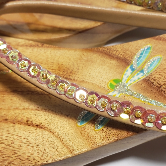 Dragonfly Woodies Wood Thong Heeled Sandals Size 9 With Sequin Straps - Picture 6 of 8